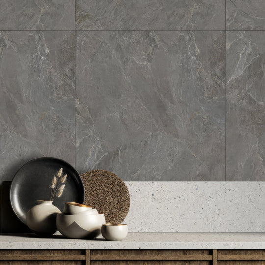 Genesis anthracite matt porcelain wall tiles 120 x 120cm with gray marble effect subtle veining and matte finish