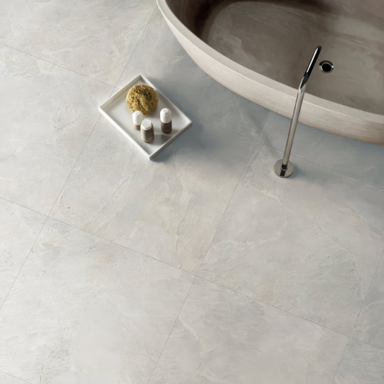 Genesis light grey matt porcelain floor tiles 120 x 120cm with light gray marble effect and subtle veining