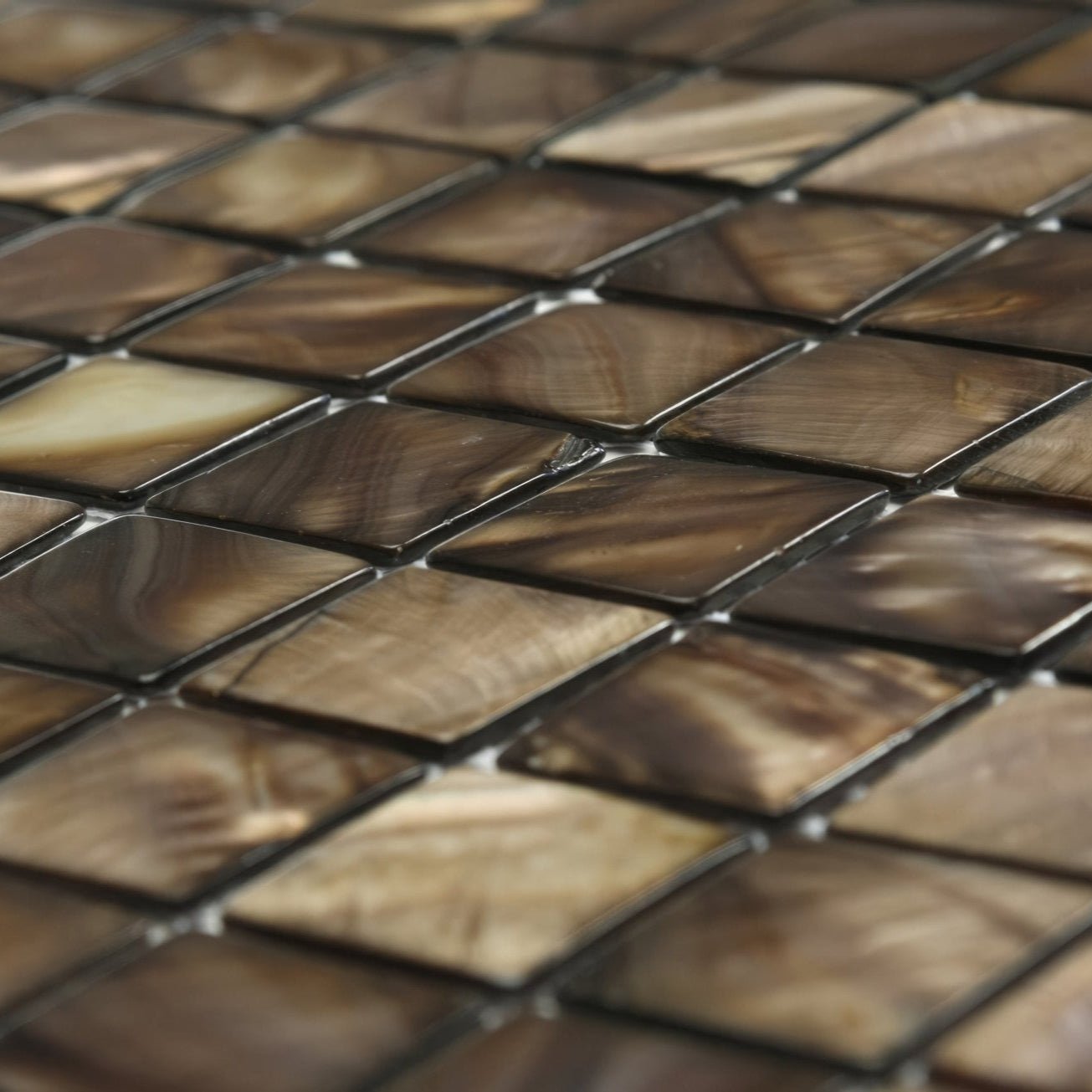 Brown and gold iridescent glass mosaic tiles arranged in a diamond pattern gentle earth 25mm square