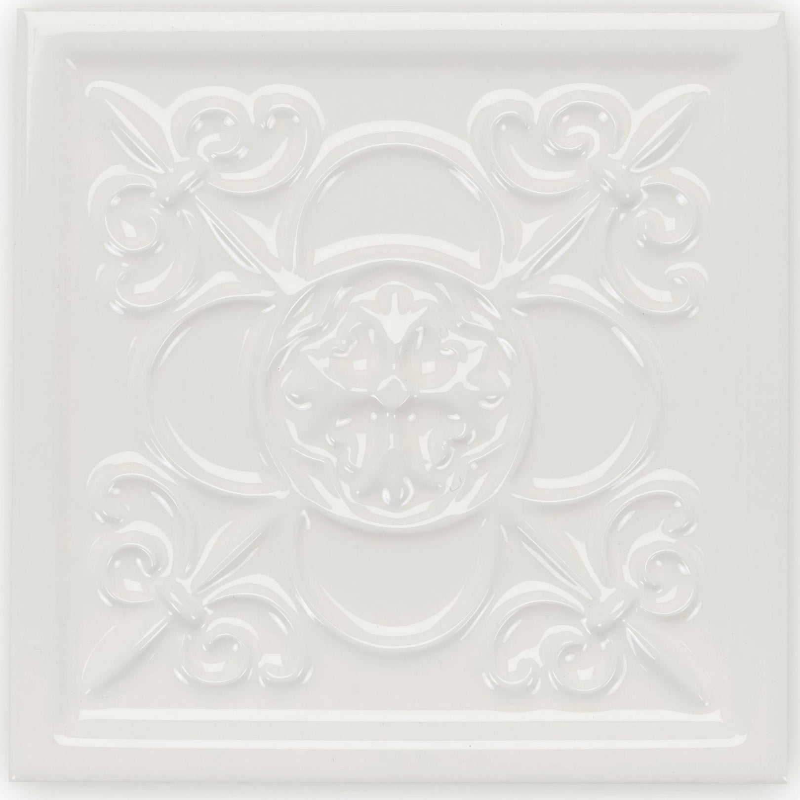 White ceramic ceiling tile giralda cascara cream with raised ornate floral and scrollwork design