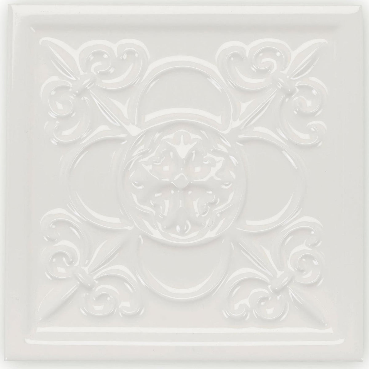 White ceramic ceiling tile giralda cascara cream with raised ornate floral and scrollwork design