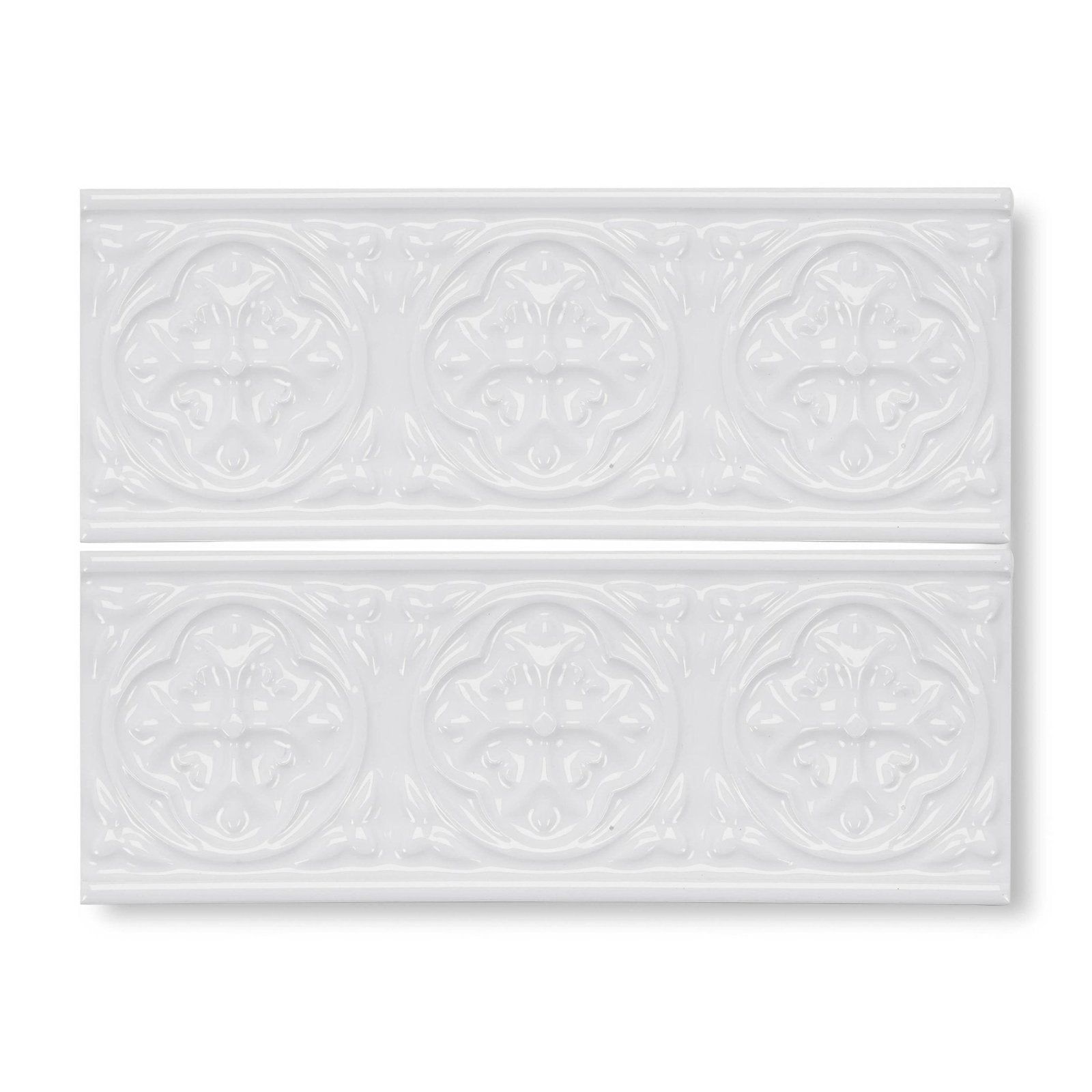 White ceramic subway tile giralda hielo white border with raised ornate floral patterns for wall decor