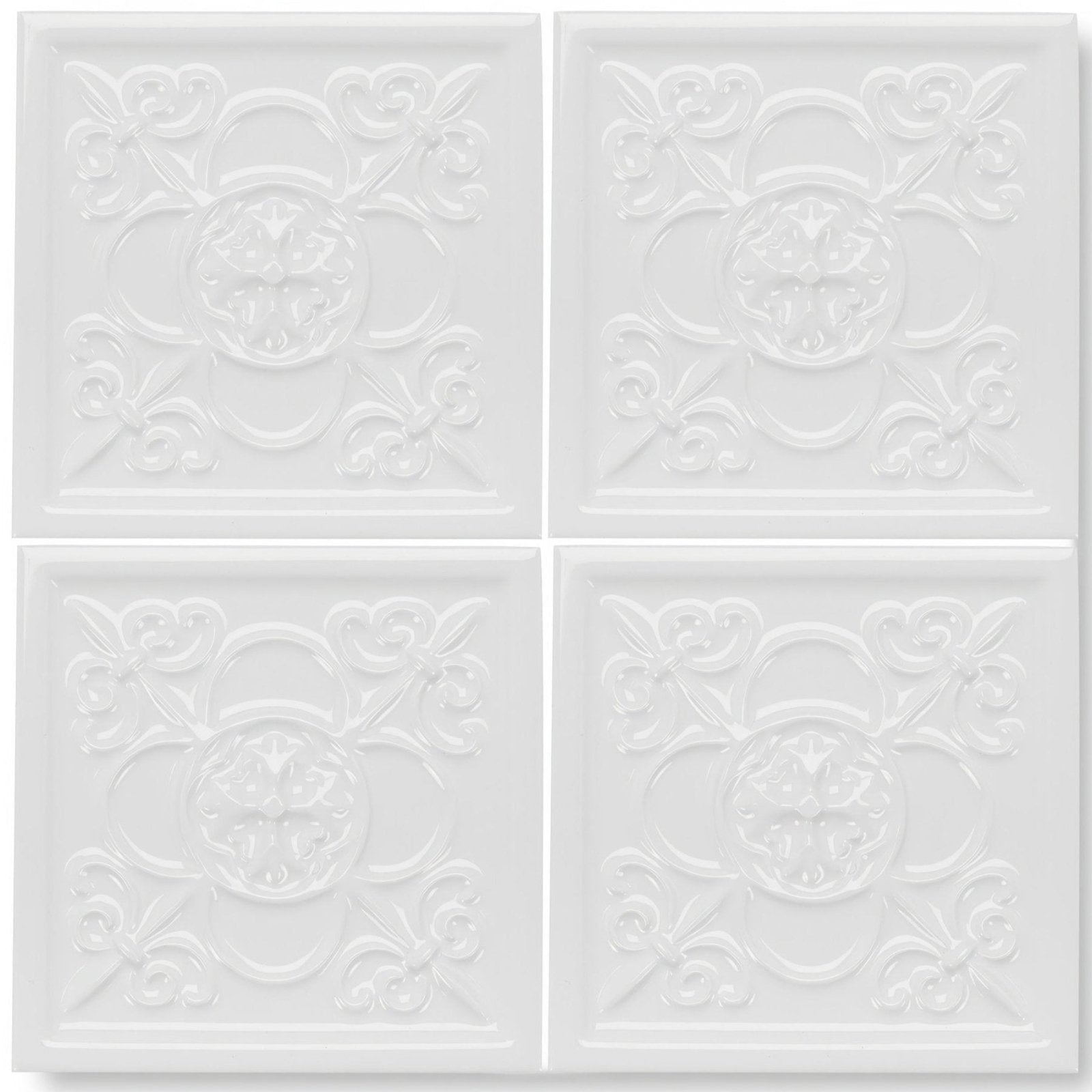 White ceramic ceiling tiles giralda hielo with raised floral and scrollwork patterns for decorative use