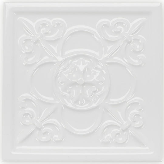 White ceramic ceiling tile with raised floral and scrollwork design giralda hielo white decor tile