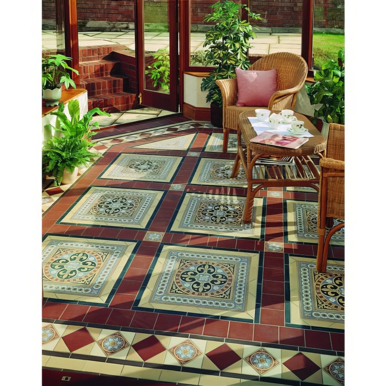 Patterned gladstone 4 tile set with red blue cream and green geometric mosaic floor tile designs