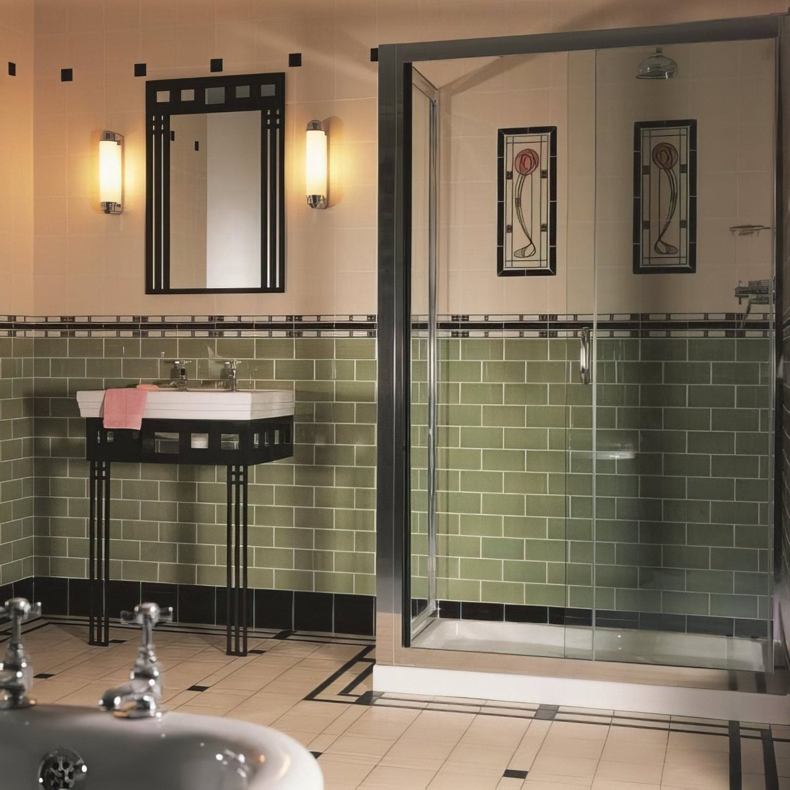 Glasgow Rose (Left Hand) 3-Tile Set on County White in a bathroom setting