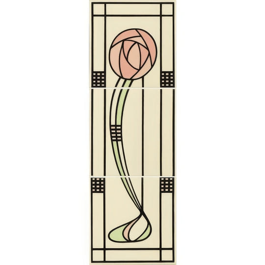 Glasgow Rose (Right Hand) 3-Tile Set on County White - Ceramic - Handmade