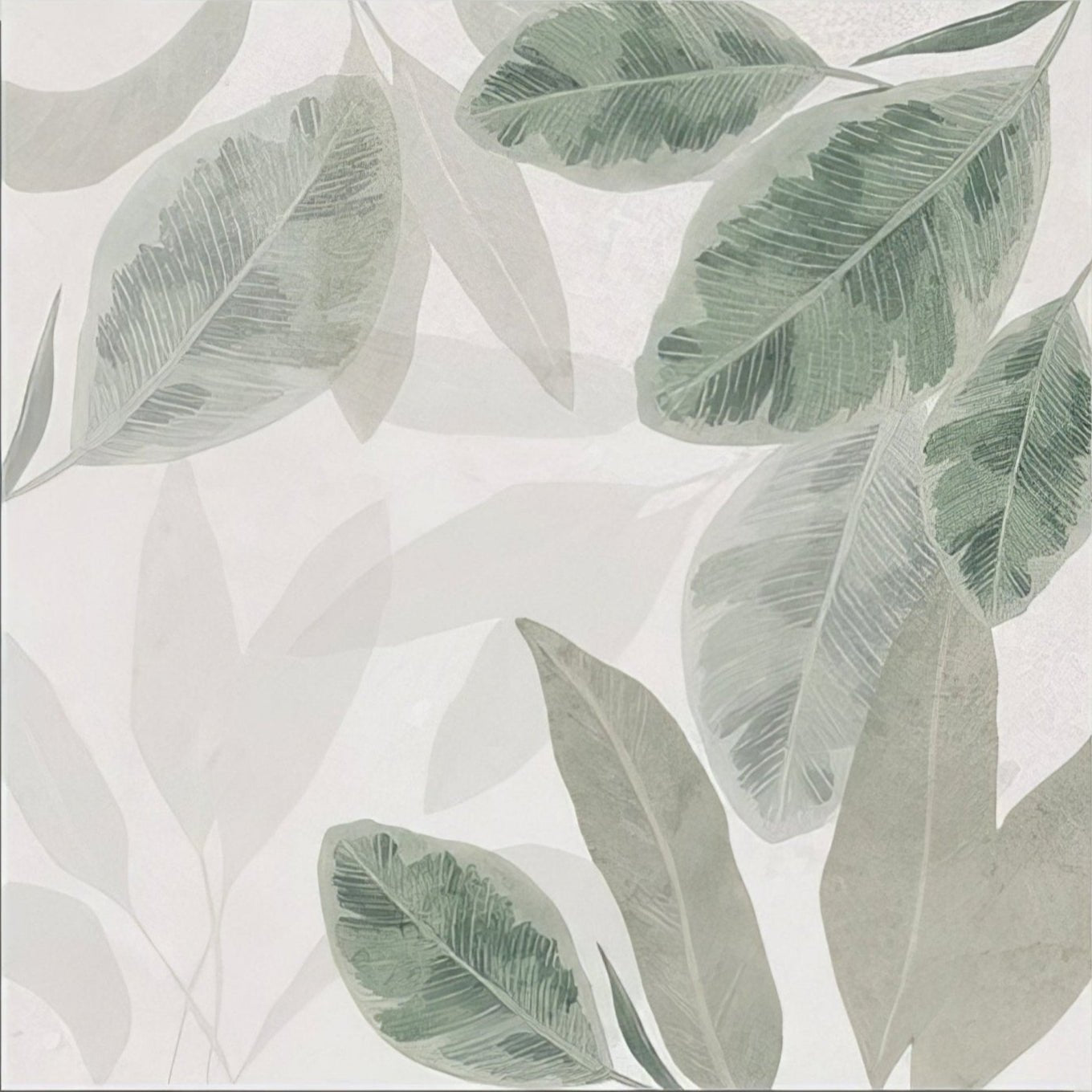 Glass House Porcelain botanical wallpaper with overlapping leaves in soft sage and muted green tones with textured veining