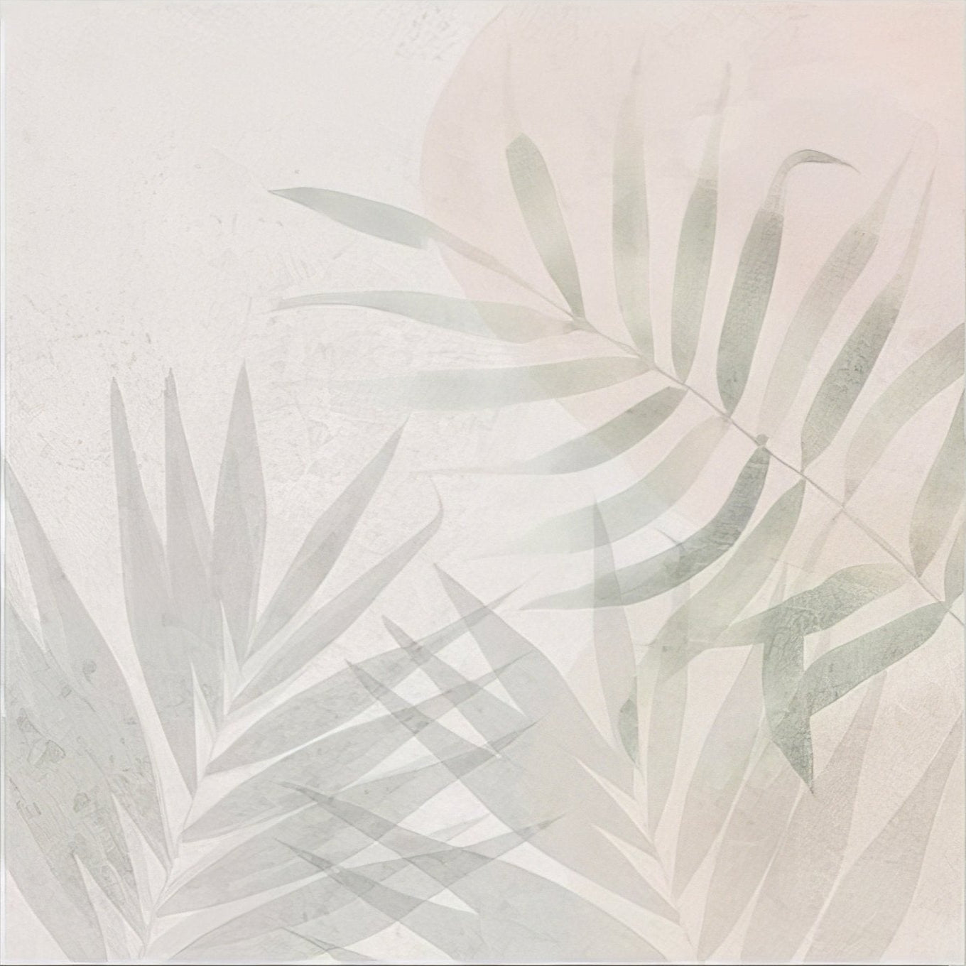 Glass House Porcelain soft muted-toned abstract artwork with layered pale green and gray palm fronds on off-white background