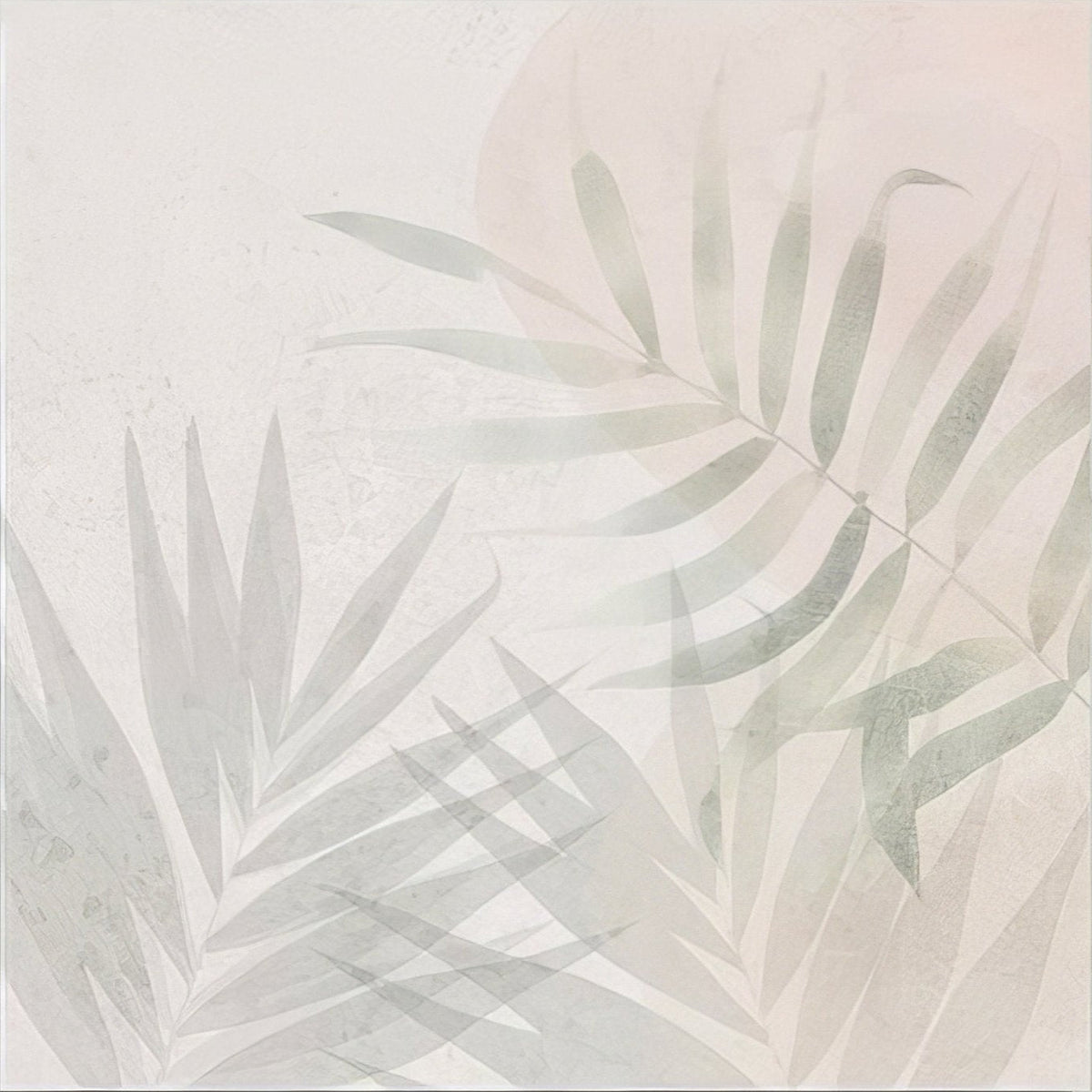 Glass House Porcelain soft muted-toned abstract artwork with layered pale green and gray palm fronds on off-white background
