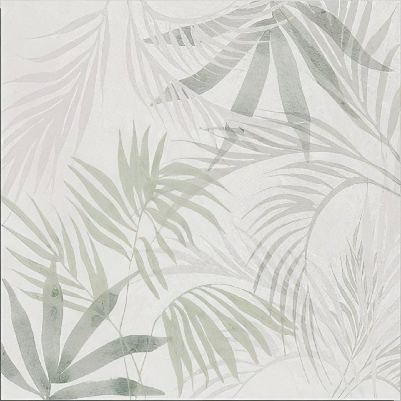 Glass House Porcelain delicate translucent wallpaper with elegant overlapping palm fronds in soft sage and gray hues