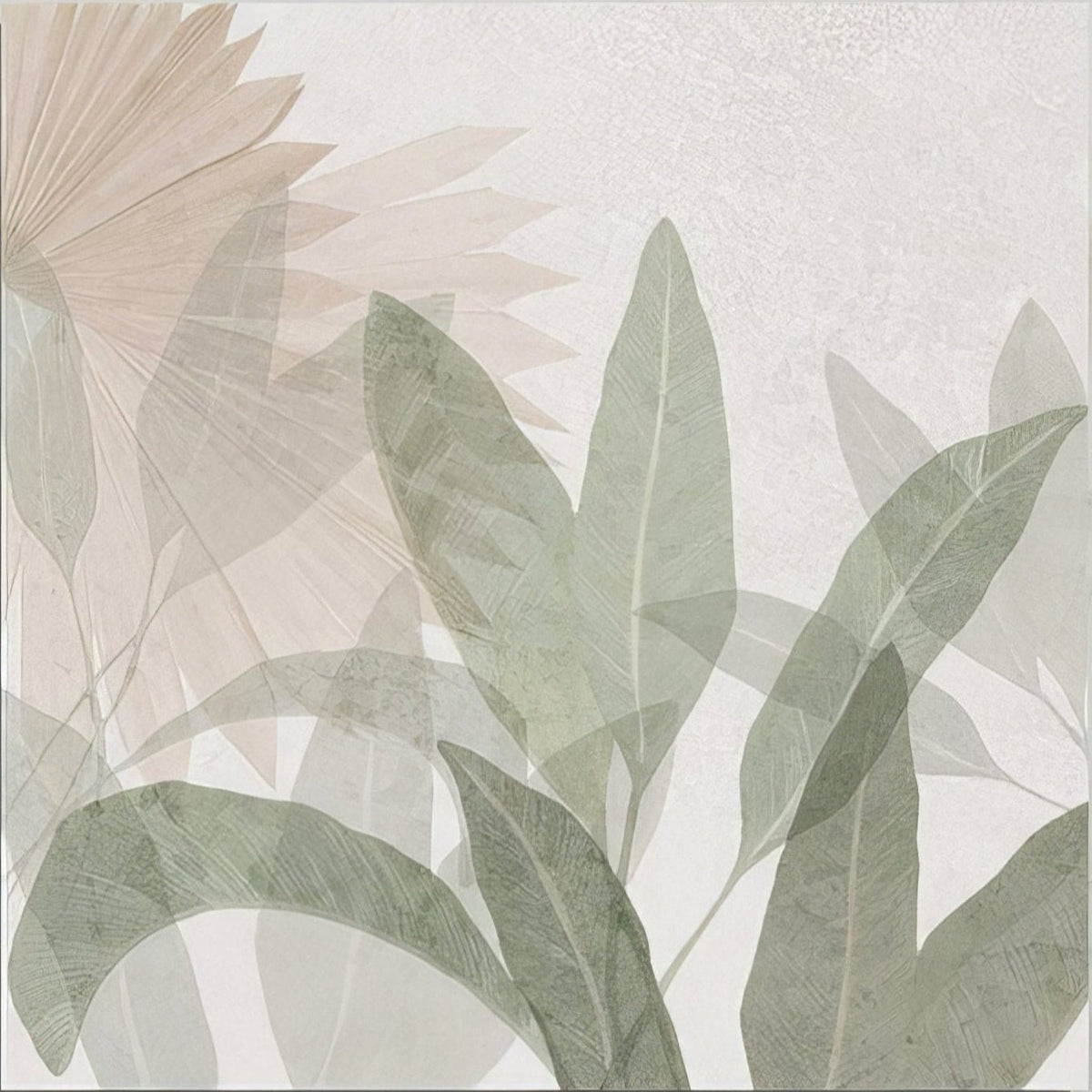 Glass house porcelain wall mural with soft layered botanical translucent green and beige leaves on textured off-white background