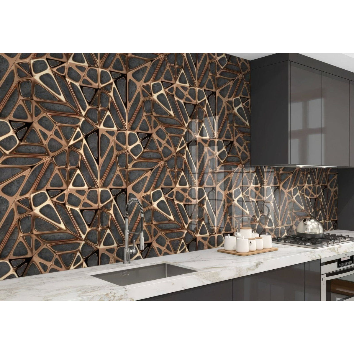 Bronze and black geometric patterned kitchen backsplash featuring gold copper lattice grid design on concrete panel