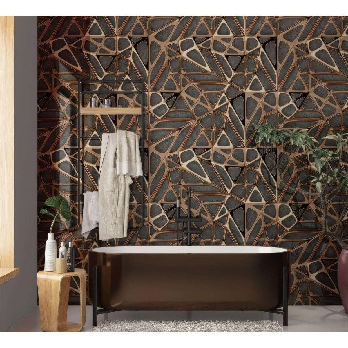 Modern freestanding bathtub with sleek dark bronze finish and minimalist black metal legs paired with gold copper lattice grid concrete shower panel
