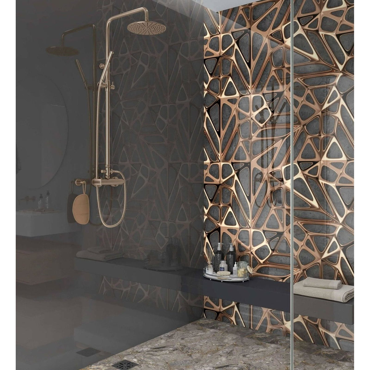 Rose gold geometric wall panel with intricate lattice design for gold copper lattice grid concrete shower panel
