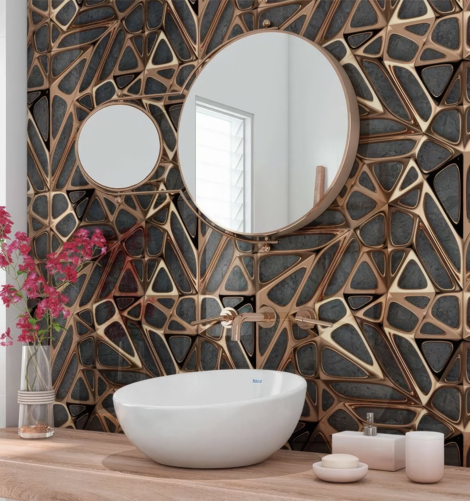 Gold Copper Lattice Grid on Concrete Shower Panel