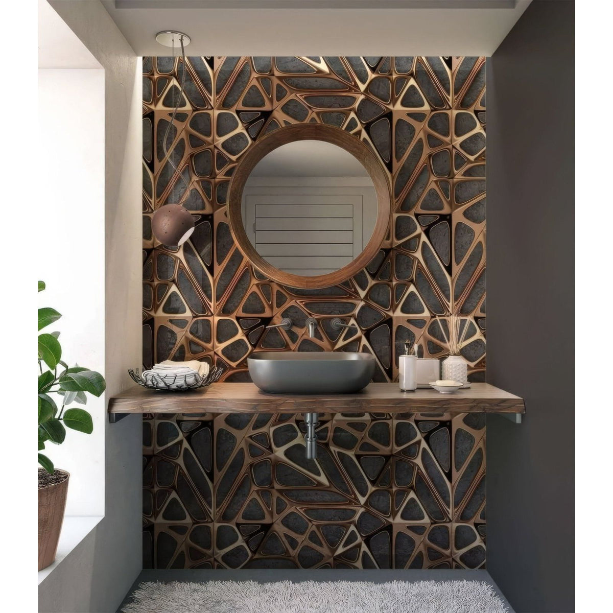 Circular wooden-framed mirror with geometric bronze-toned accent panels on gold copper lattice grid concrete shower panel