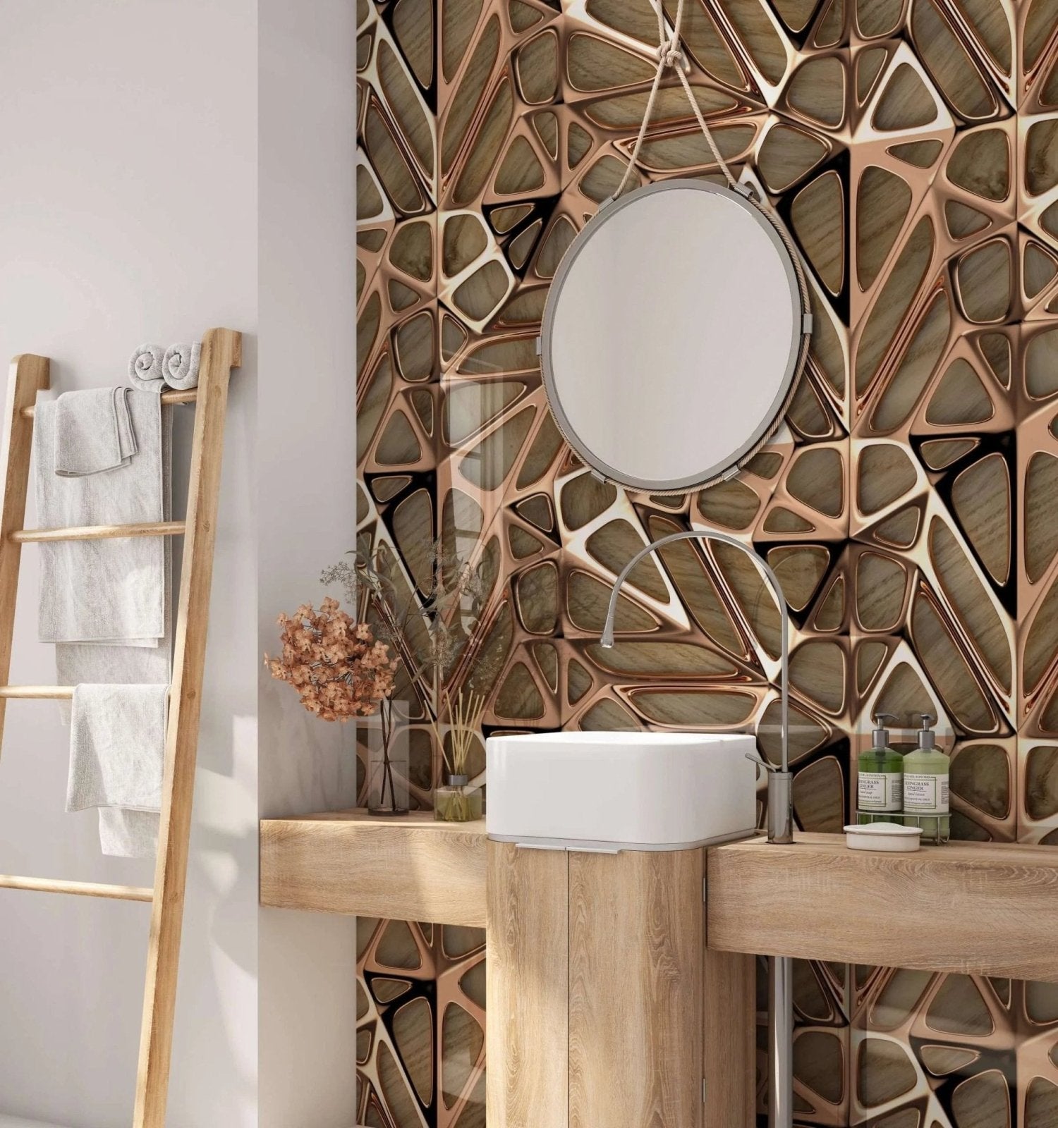 Gold Copper Lattice Grid on Wood Shower Panel
