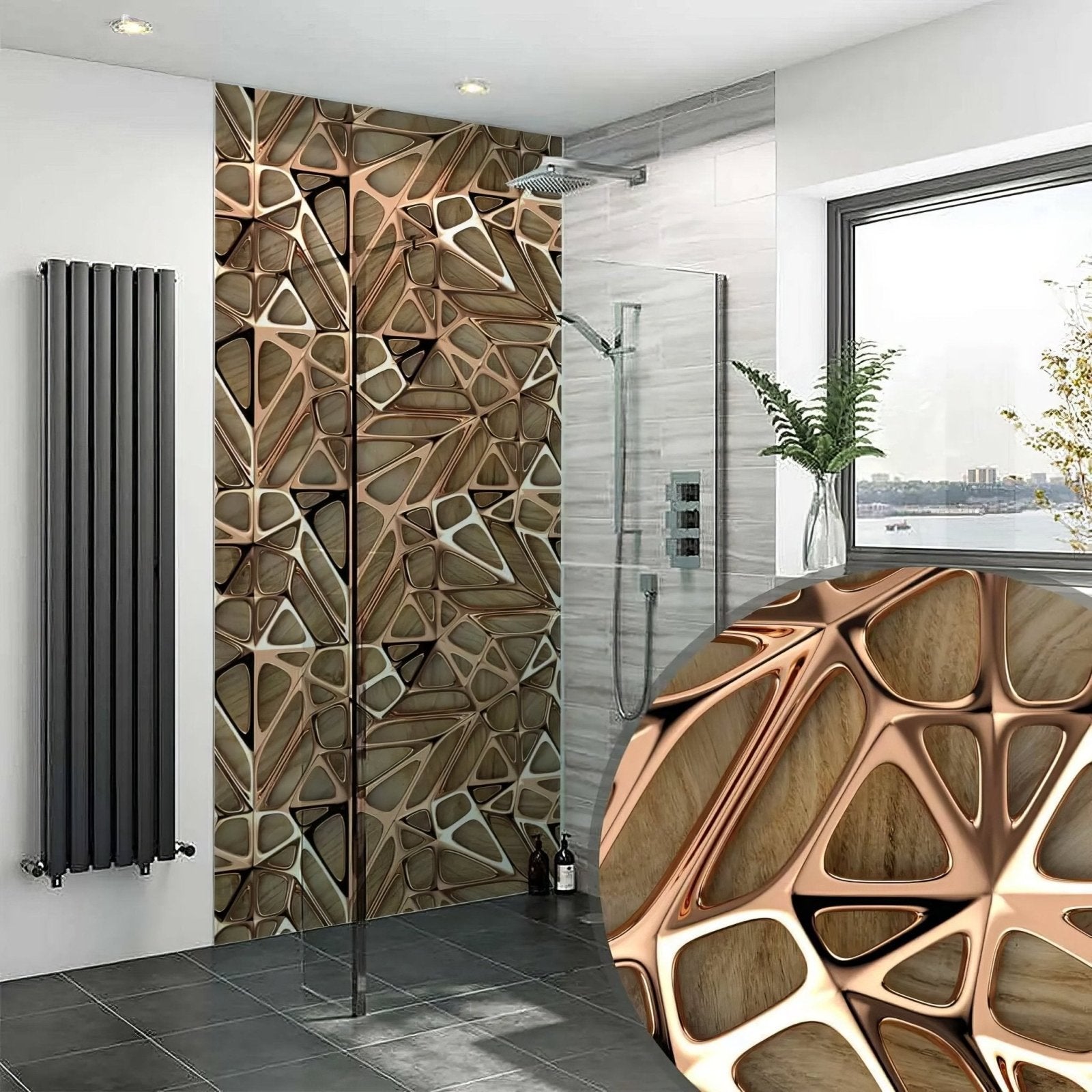 Gold copper lattice grid on wood shower panel with copper and wood-toned geometric textured wall design