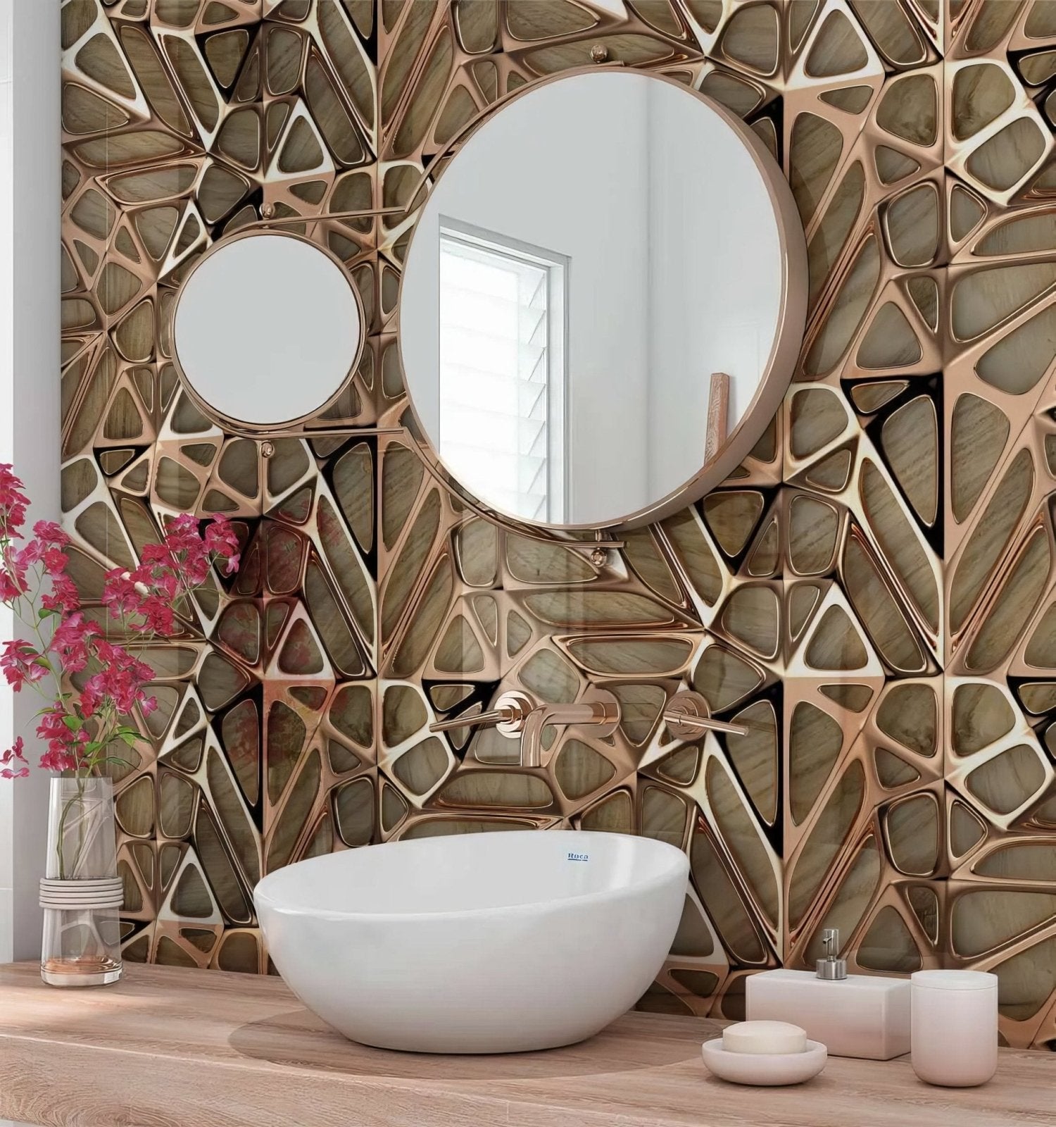 Gold Copper Lattice Grid on Wood Shower Panel