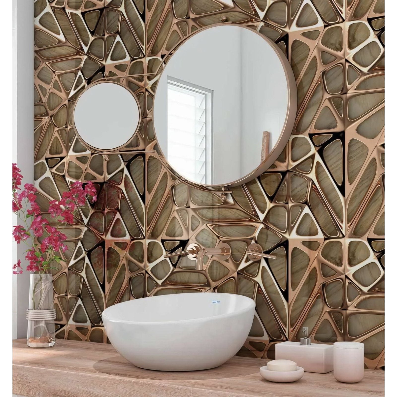 White ceramic vessel sink with sleek rounded edges paired with gold copper lattice grid on wood shower panel