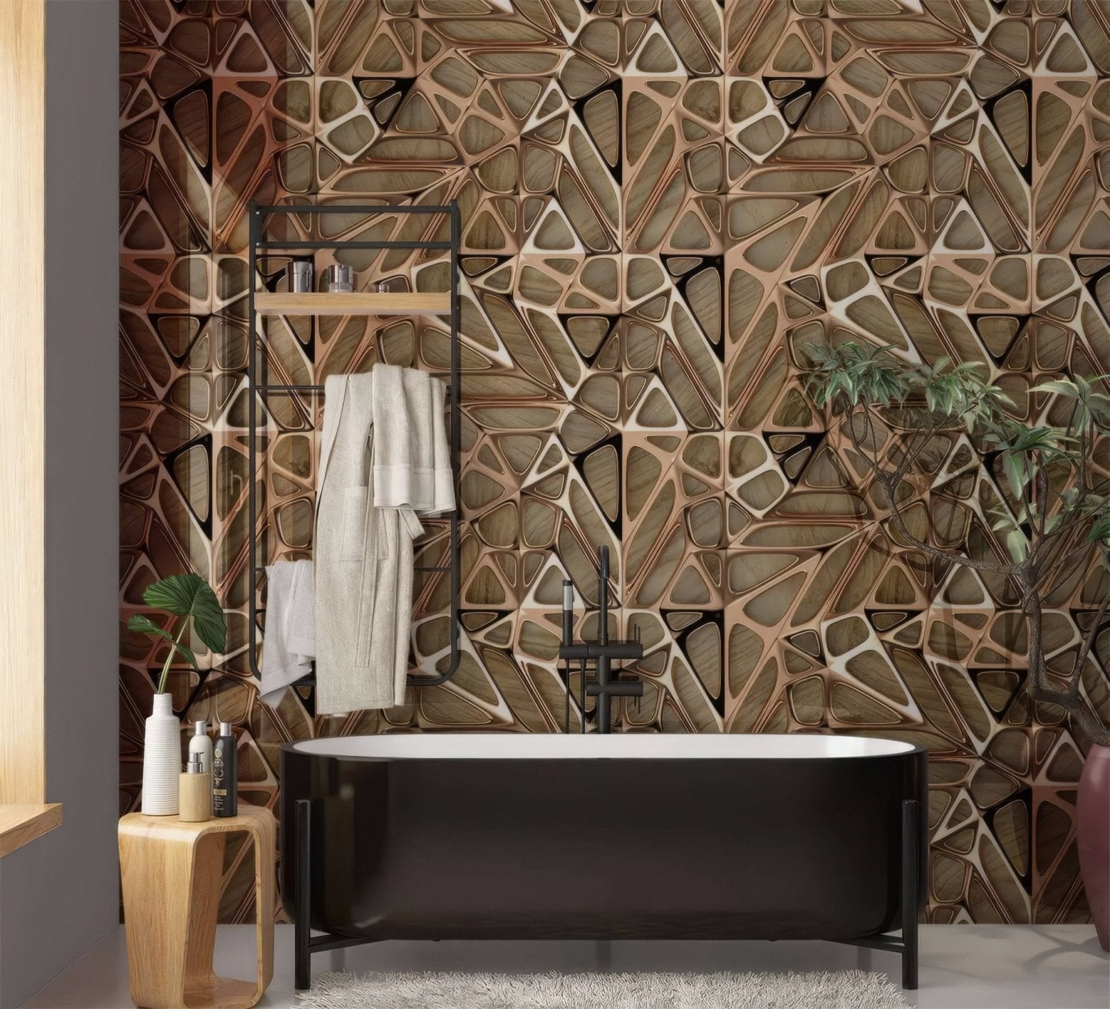 Gold Copper Lattice Grid on Wood Shower Panel