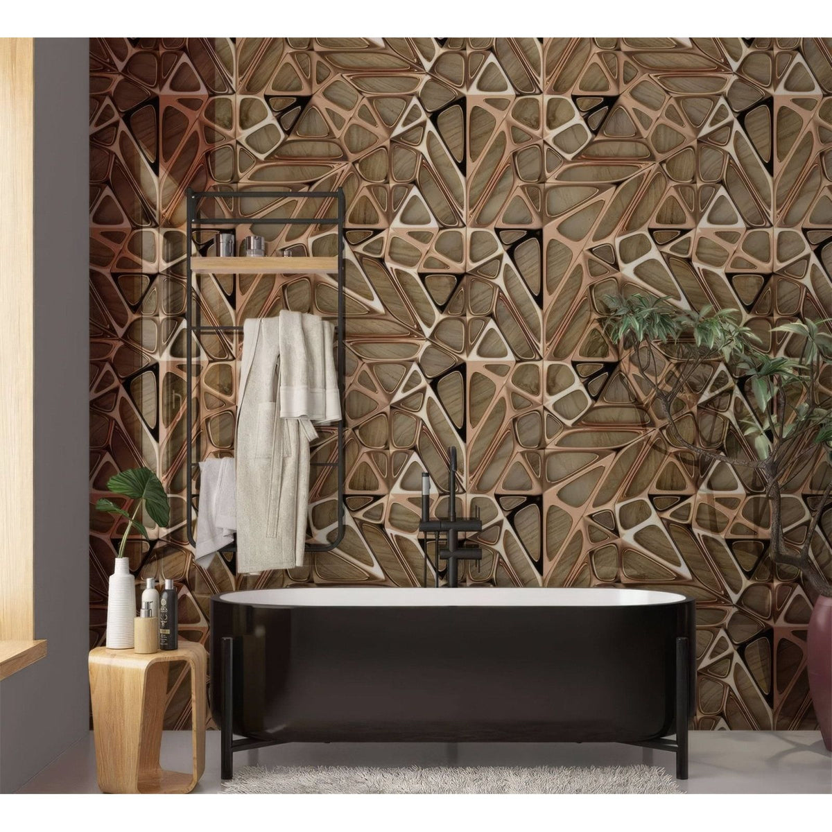 Black freestanding bathtub with sleek modern design and minimalist metal legs paired with gold copper lattice grid wood shower panel