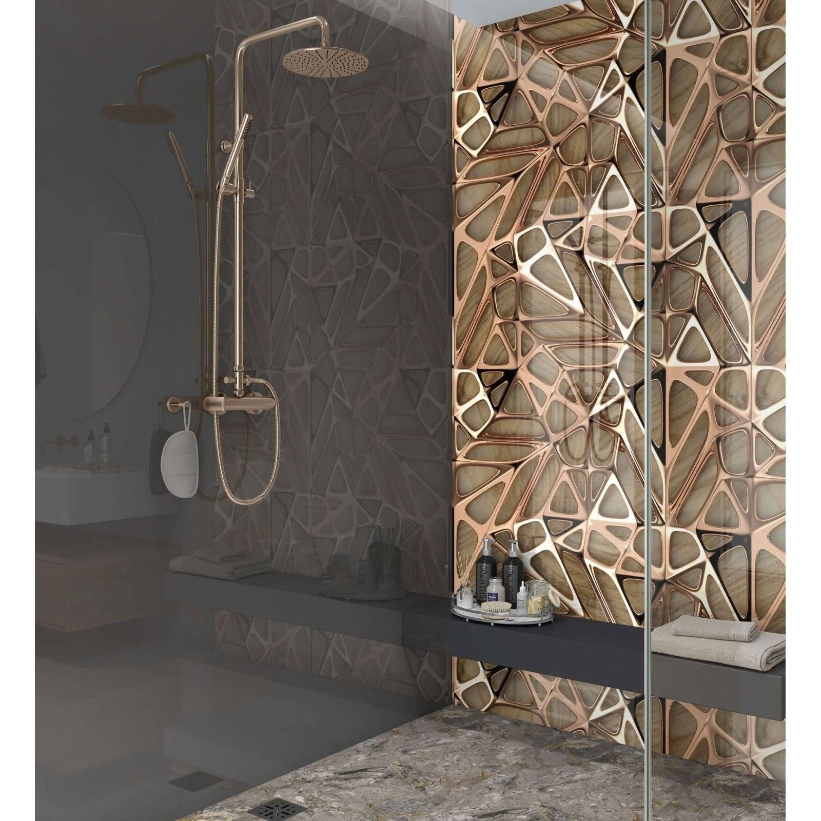 Geometric rose gold accent wall panel with modern abstract lattice design in wood for shower use