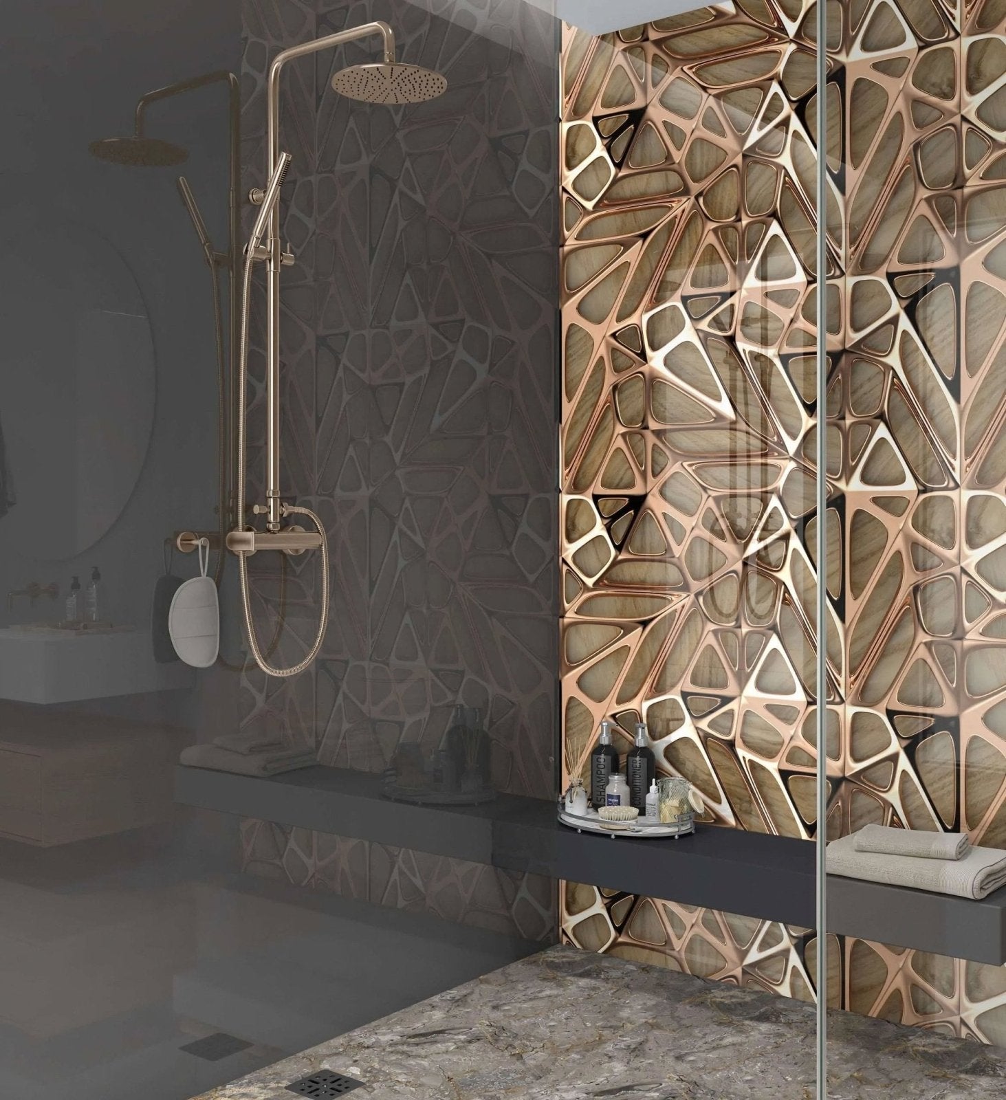 Gold Copper Lattice Grid on Wood Shower Panel