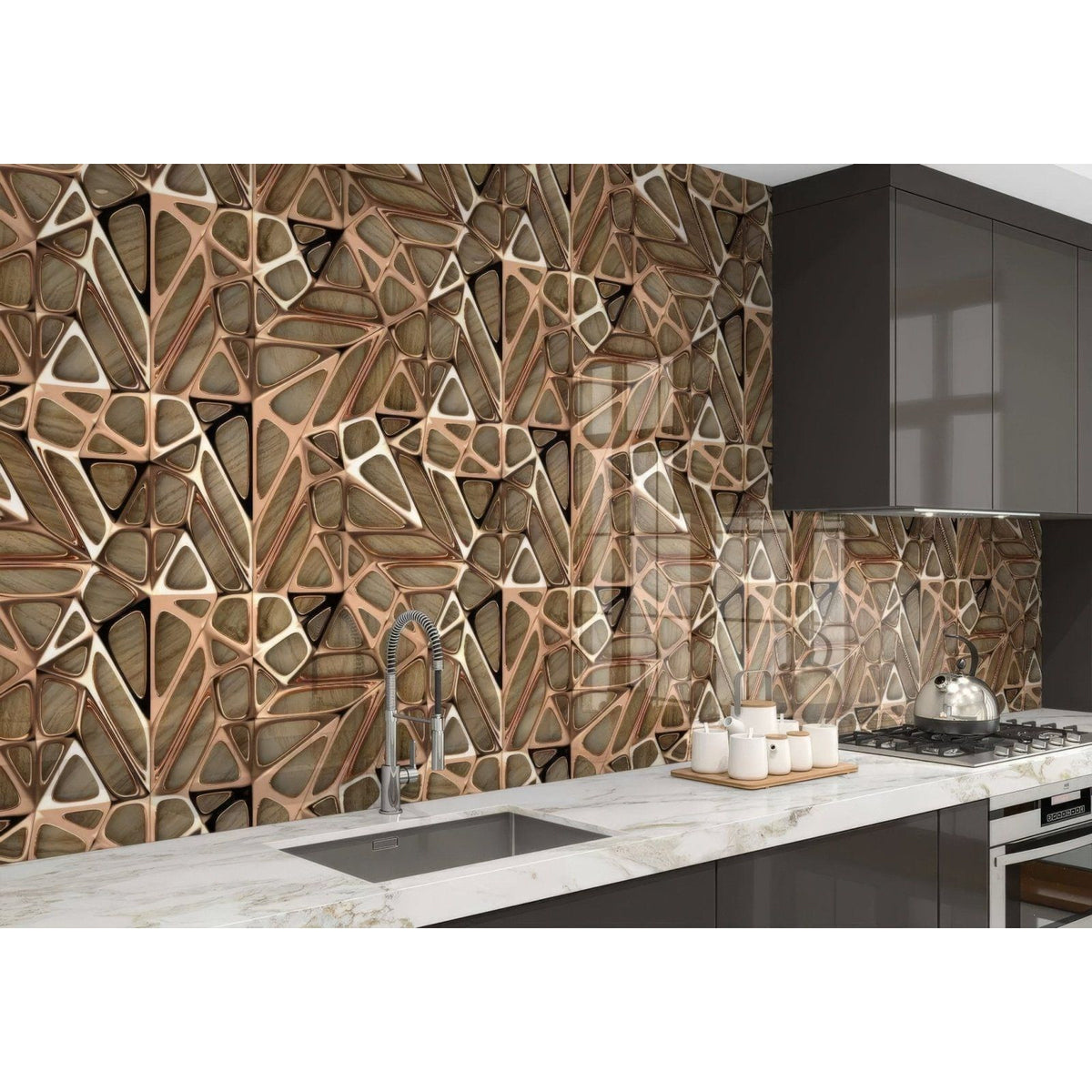 Geometric mosaic kitchen backsplash with interlocking bronze copper and dark brown tiles featured on gold copper lattice grid wood shower panel