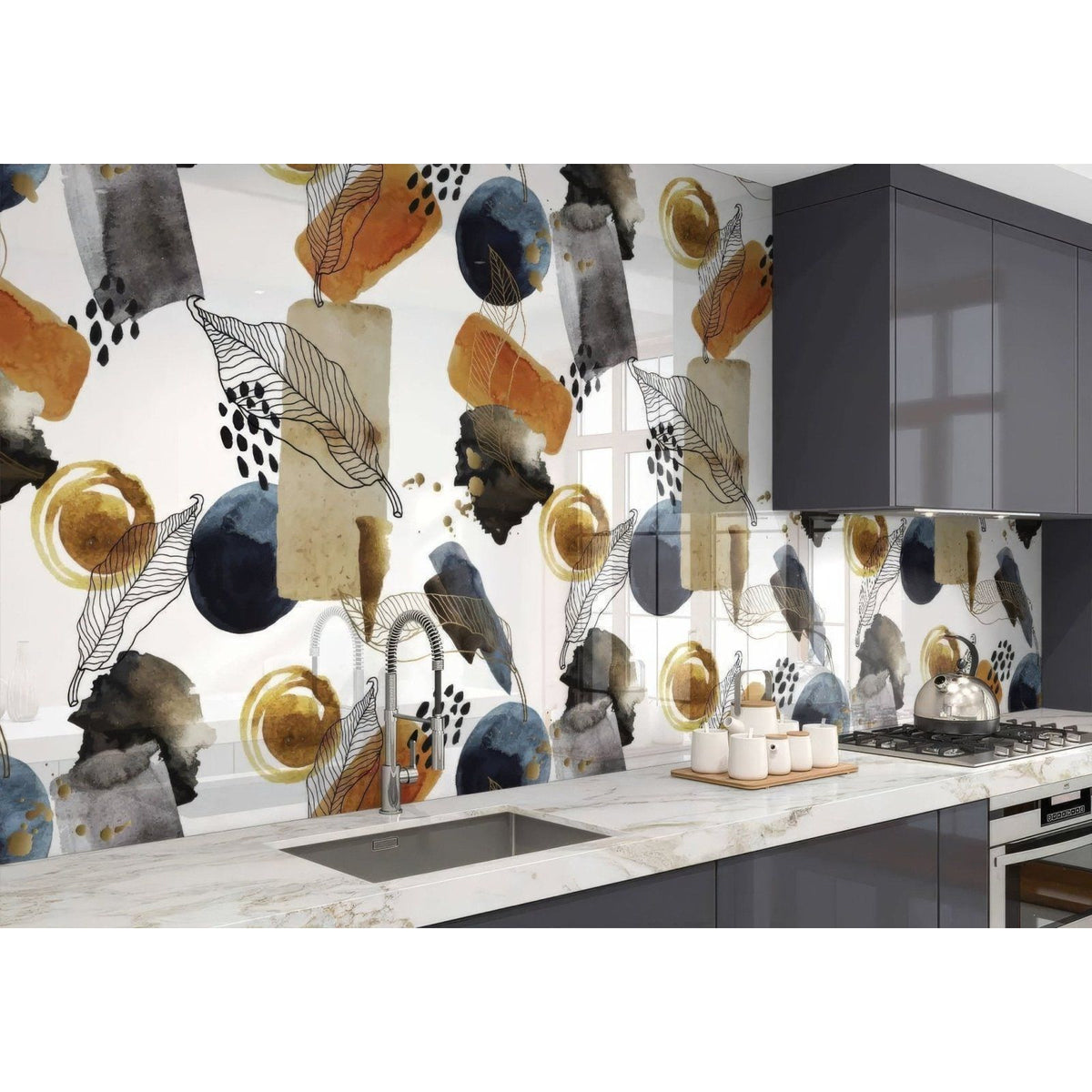 Gold navy watercolour shower panel with abstract watercolor kitchen backsplash pattern in leaf and circular motifs
