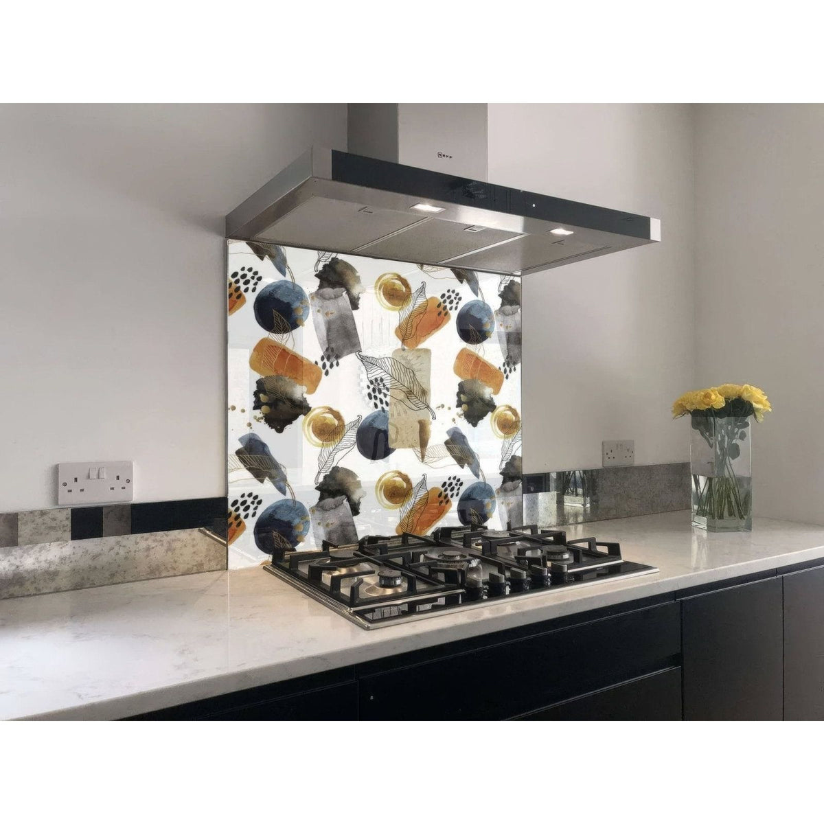 Abstract glass kitchen backsplash with modern black gold and orange geometric shapes on white for gold navy shower panel