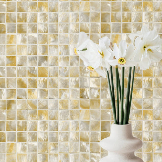 Golden Promise 25mm Square golden cream mother-of-pearl mosaic with a white vase of daffodils