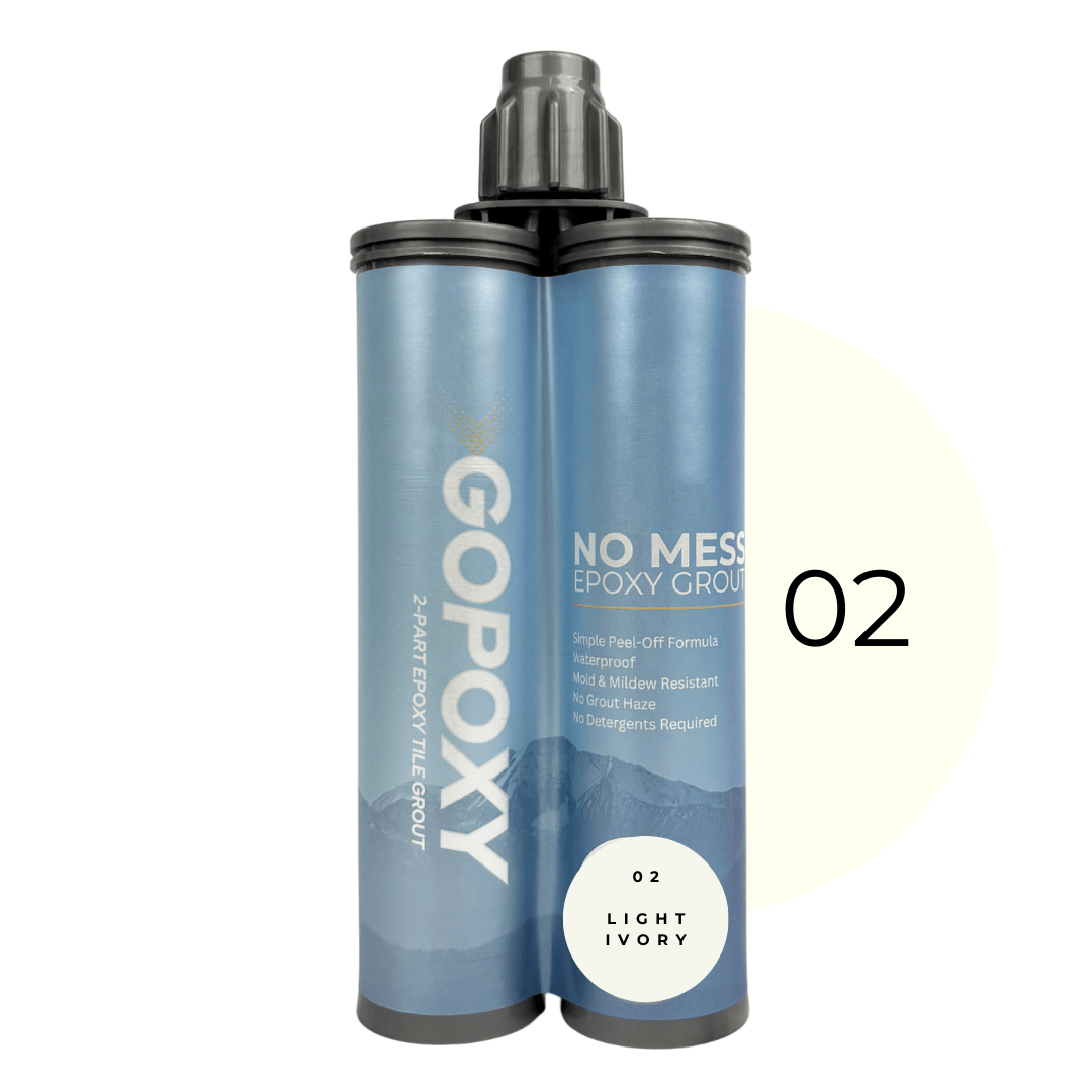 GoPoxy epoxy grout in light ivory two-part epoxy tile grout dual-tube container with black caps and silver branding