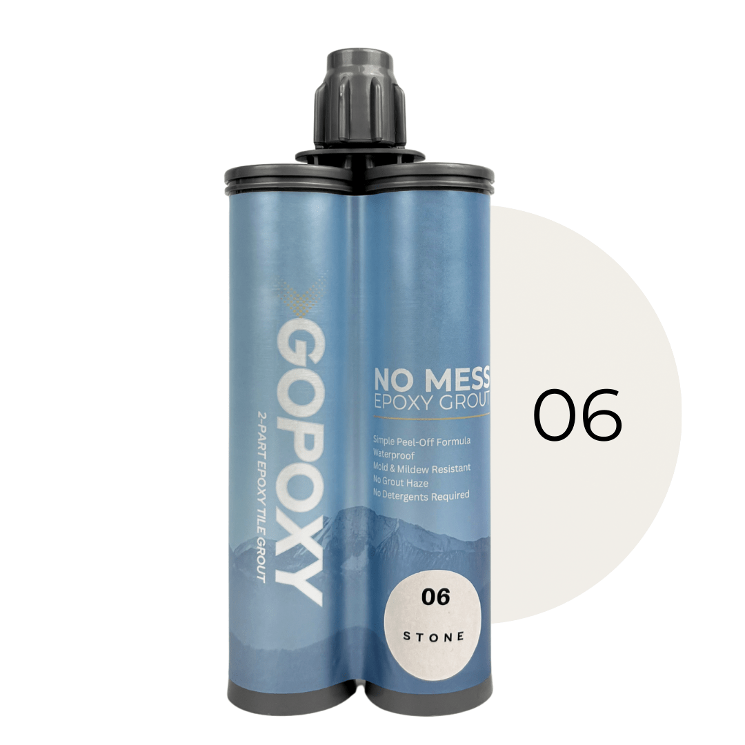 GoPoxy epoxy grout in stone color featuring blue two-part epoxy tile grout in dual-tube packaging with black caps