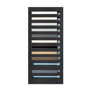 Black rectangular GoPoxy grout chart palette with ten horizontal eyeshadow slats in beige brown and blue shades