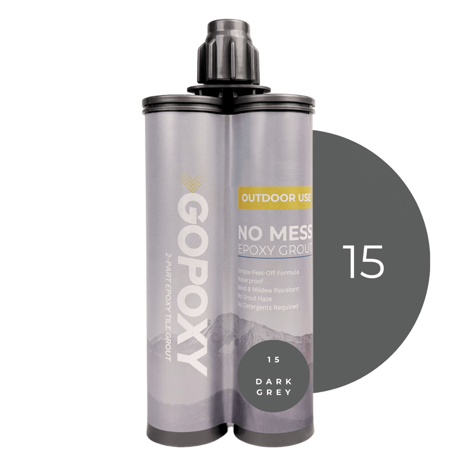 Dark grey two-part epoxy grout in dual-tube container with black caps labeled gopoxy for outdoor use