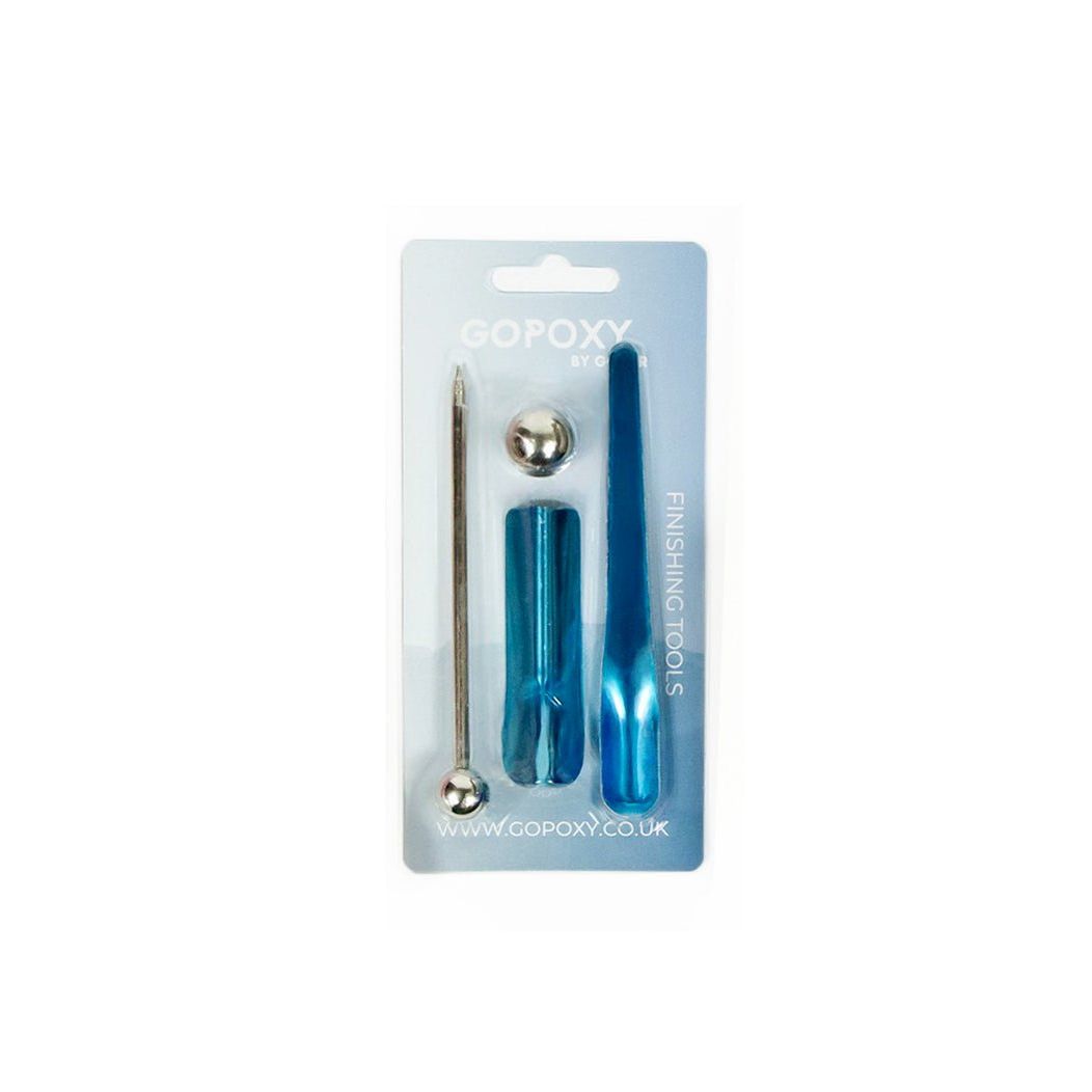 Blue and silver goopoxy finishing tools set in blister pack from the gopoxy tool kit for epoxy application