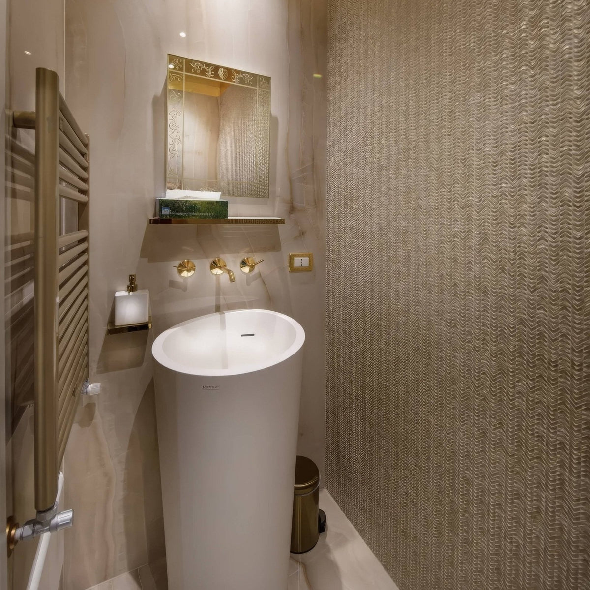 Gravity Aluminium Arrow Gold Mosaic gold chevron aluminium mosaic with a white cylindrical pedestal sink