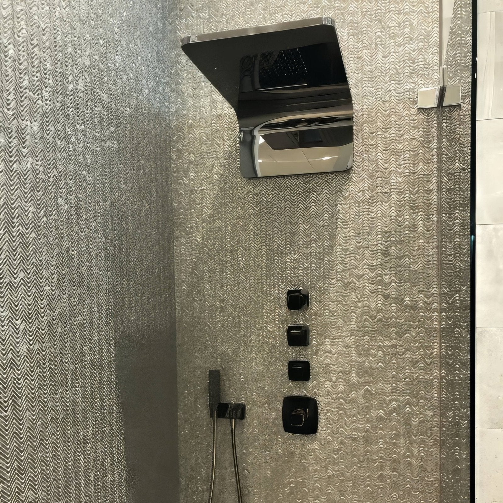Gravity Aluminium Arrow Gold Mosaic gold chevron aluminium mosaic with a chrome showerhead