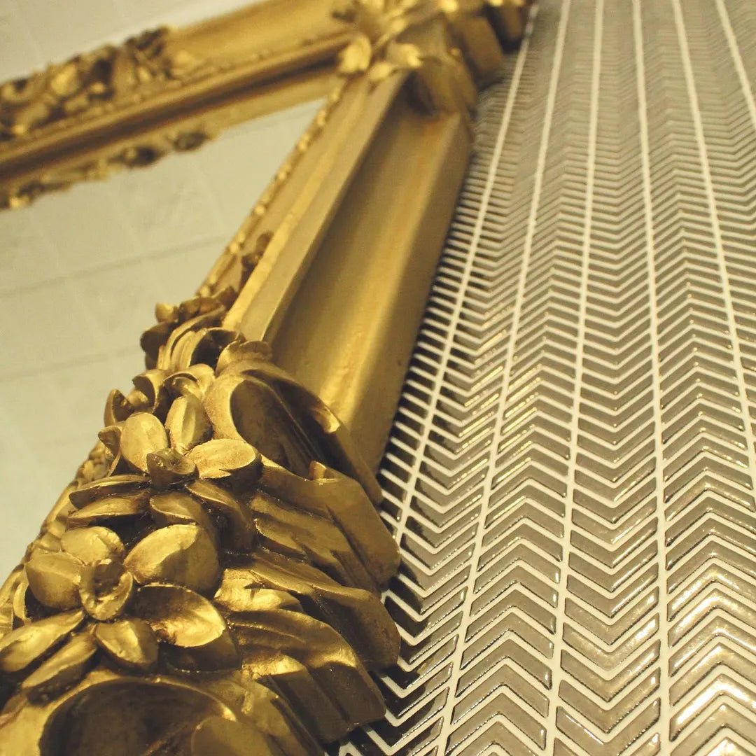 Gravity Aluminium Arrow Metal Mosaic grey chevron aluminium mosaic with an ornate gold mirror frame