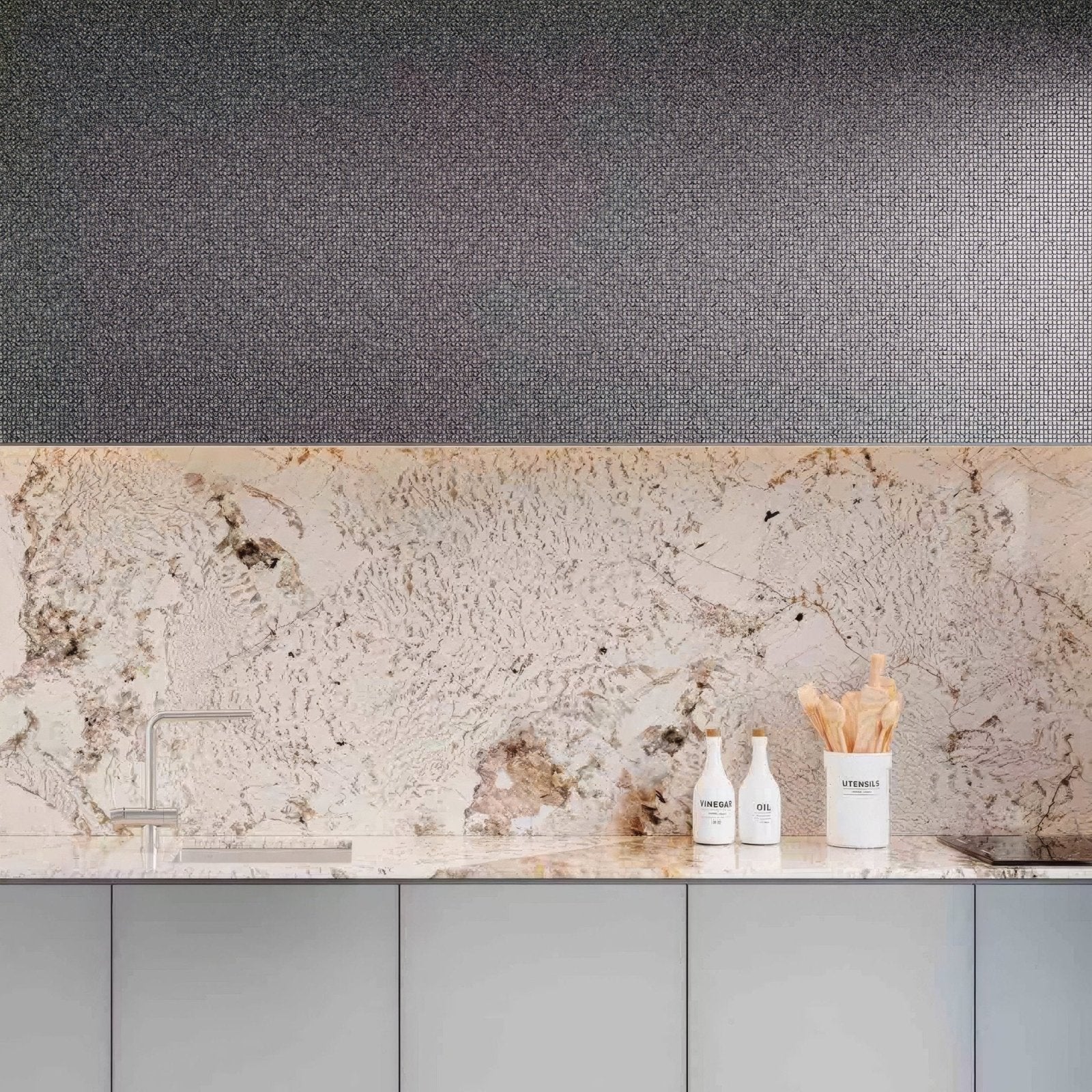 Gravity Aluminium Cubic Metal Mosaic grey faceted aluminium mosaic with a white vinegar bottle