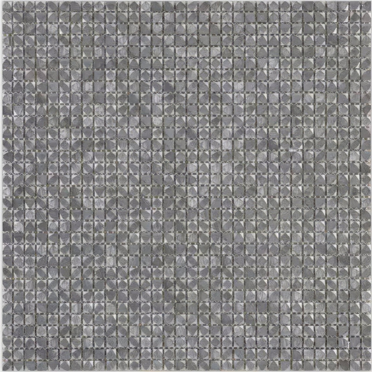 Gray metallic aluminum cubic metal mosaic tile with a faceted diamond-like pattern for wall decor