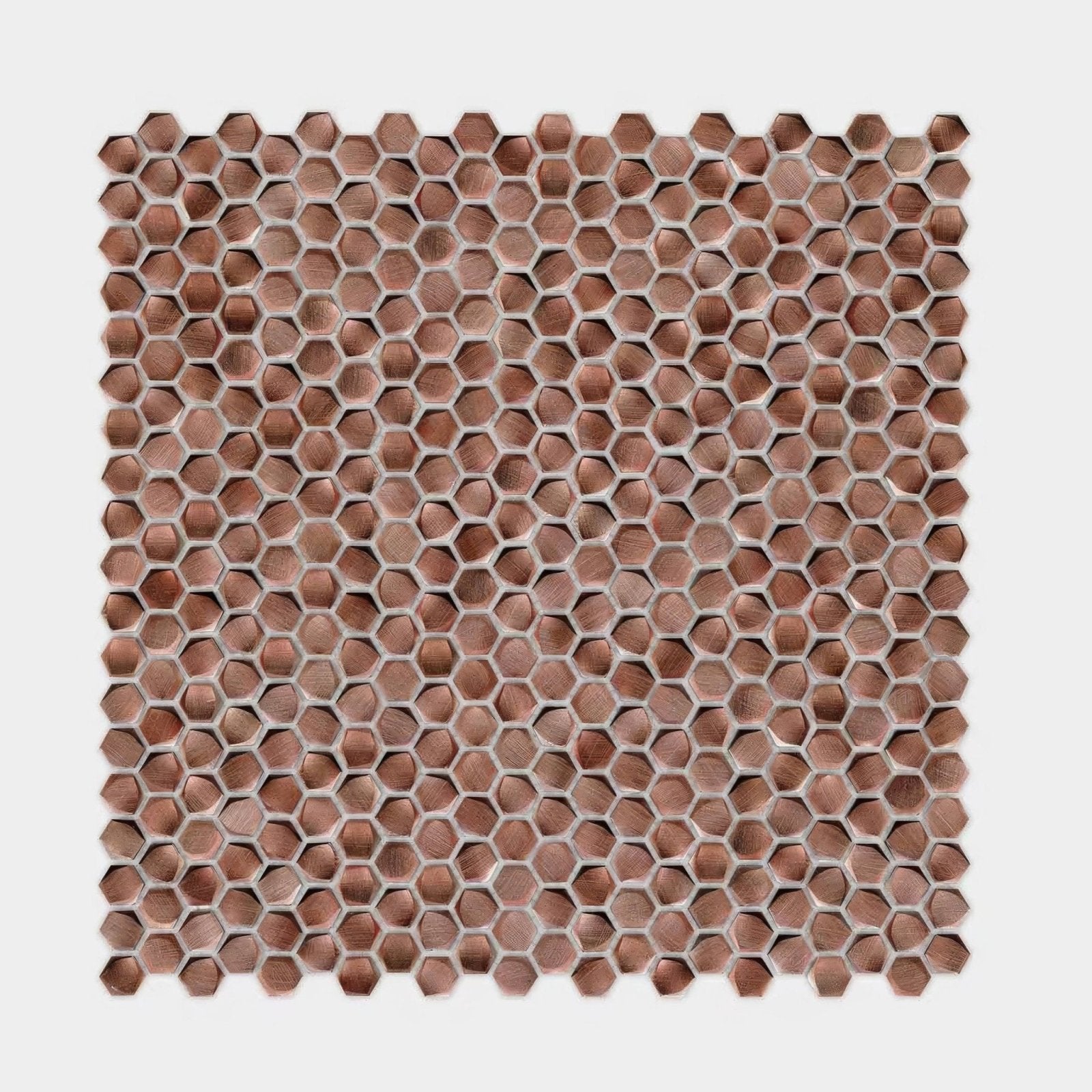 Copper-colored hexagonal aluminum mosaic tile with brushed metallic finish for modern wall or backsplash design
