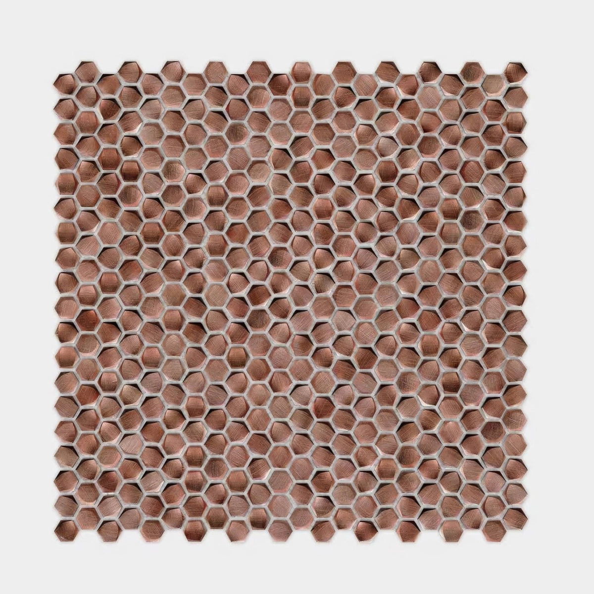 Copper-colored hexagonal aluminum mosaic tile with brushed metallic finish for modern wall or backsplash design