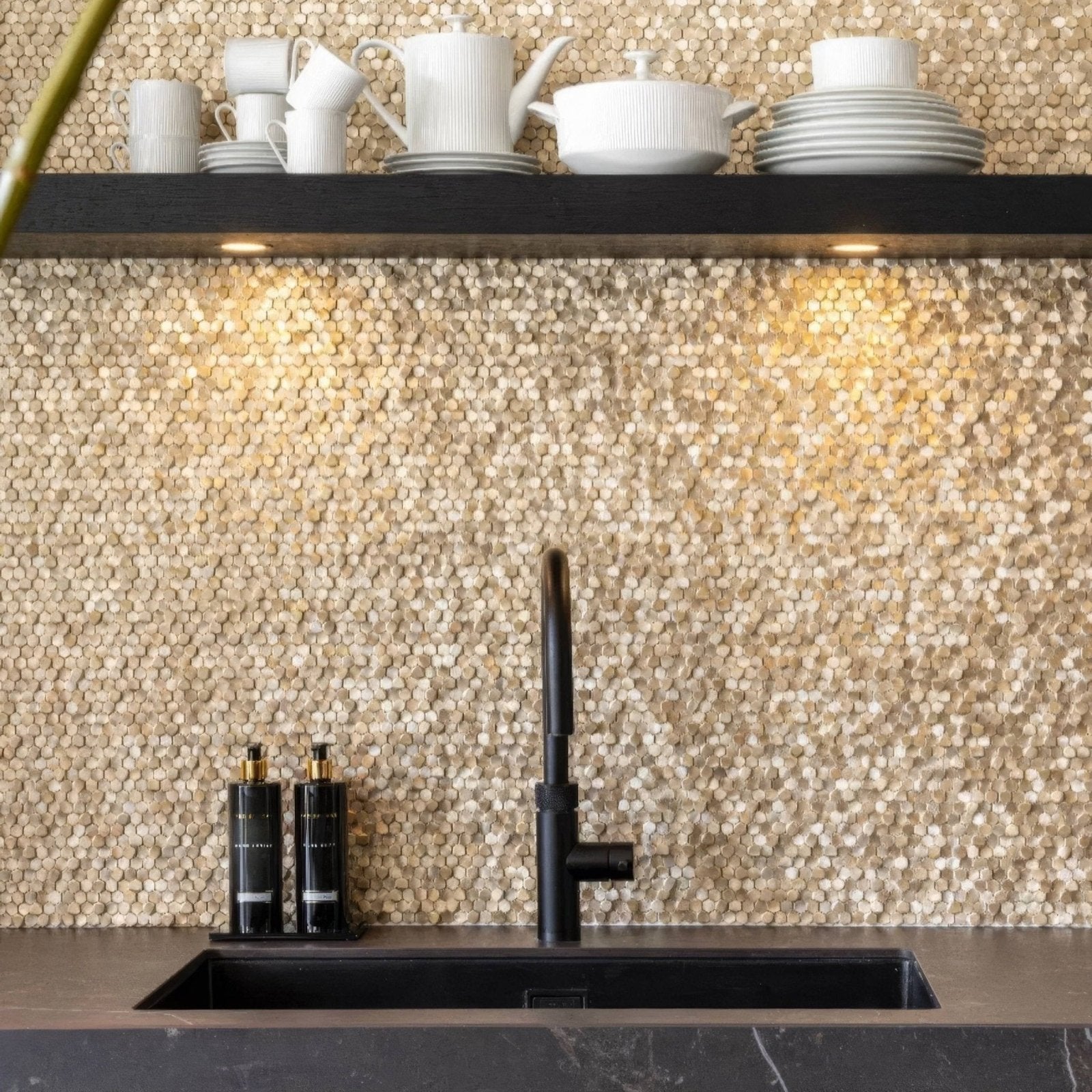 Gravity Aluminium Hexagon Gold Mosaic gold hexagon aluminium mosaic with a black tap
