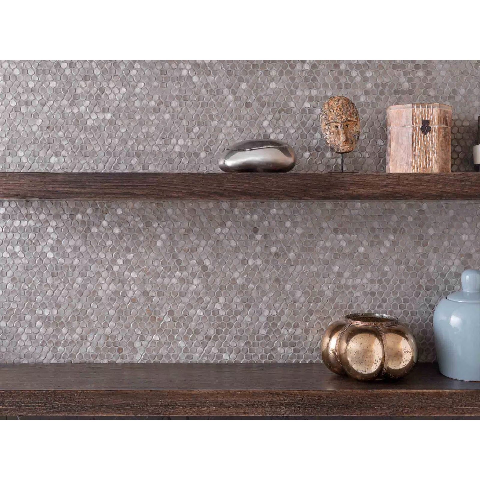 Silver metallic pebble mosaic tile wall featuring gravity aluminium hexagon metal mosaic design for stylish decor