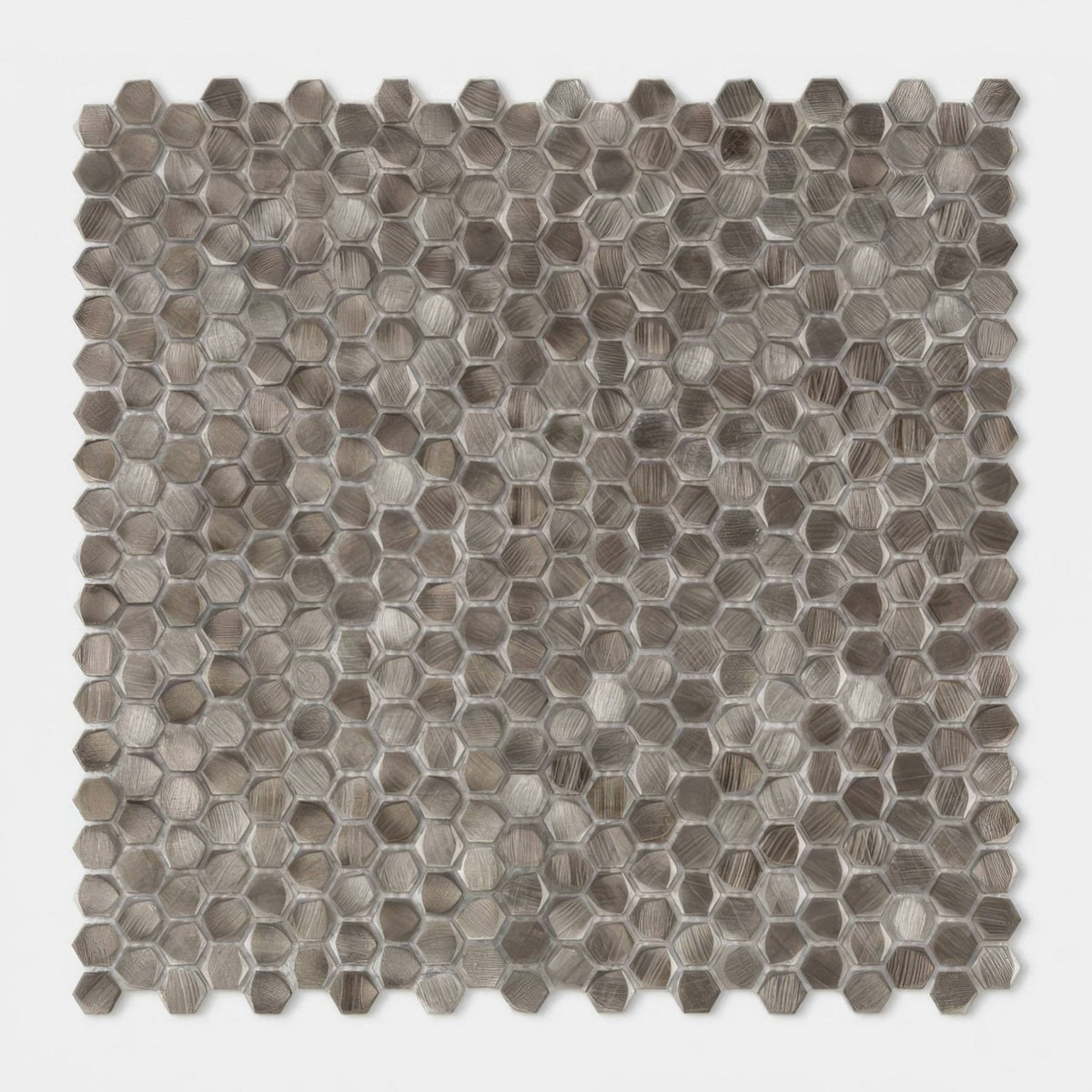 Silver hexagonal aluminium metal mosaic tile with a brushed metallic finish for modern wall and floor design
