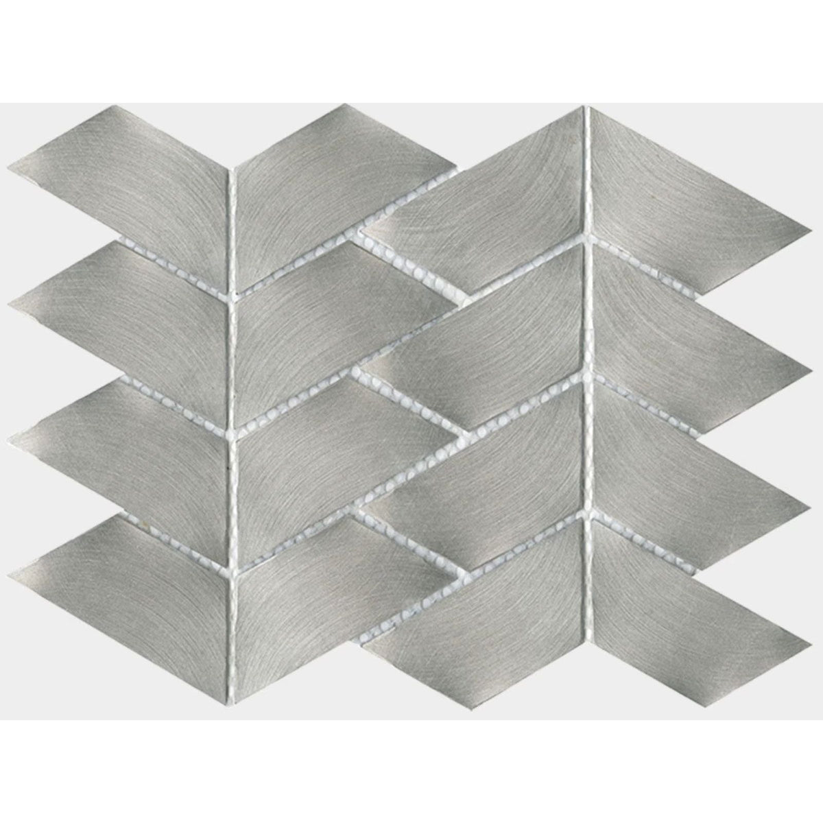 Silver metallic chevron-patterned aluminium trace metal mosaic tile with brushed finish and white grout lines