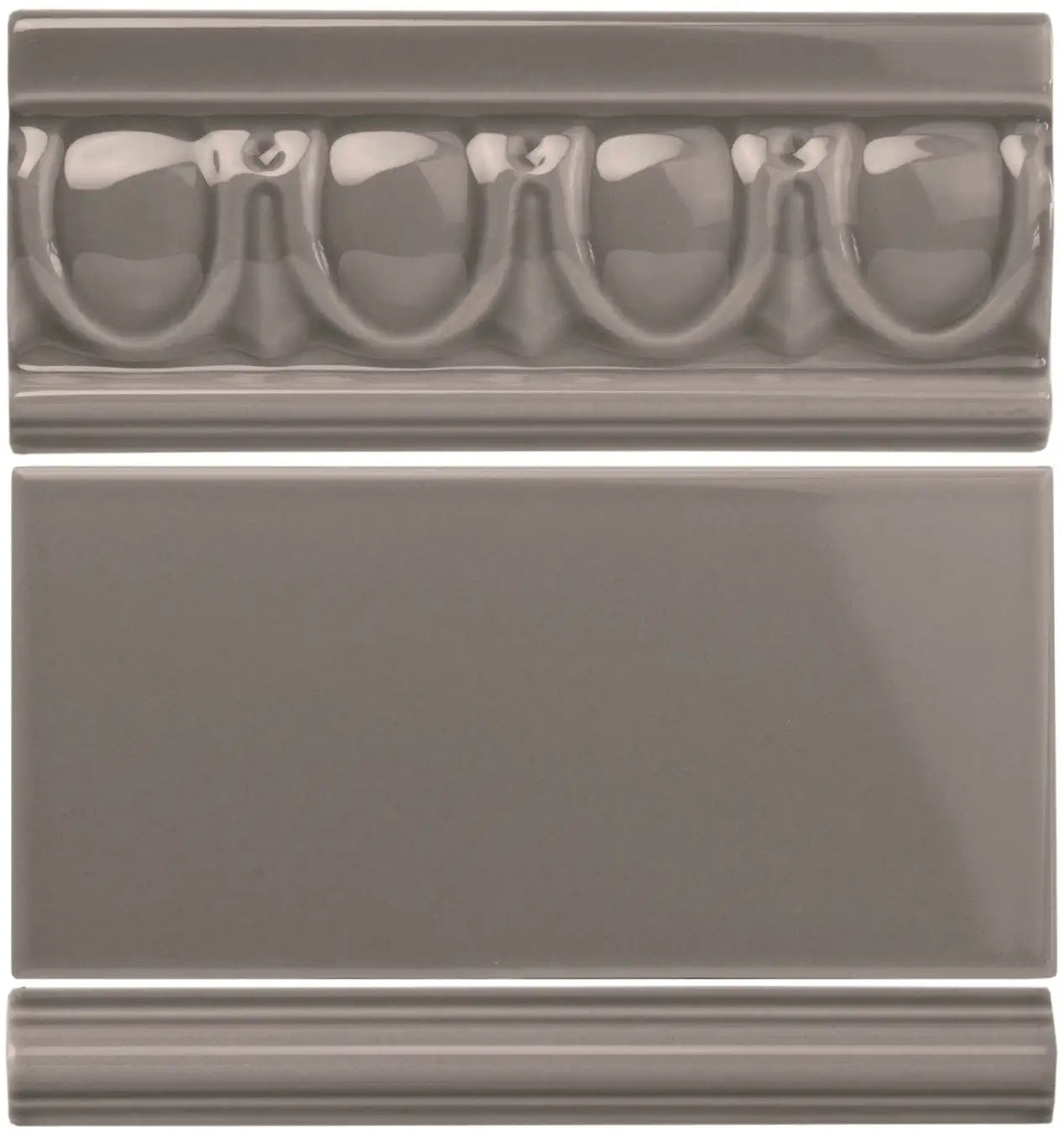 Gray ceramic tile with a decorative molded border featuring repeating oval and arch motifs.